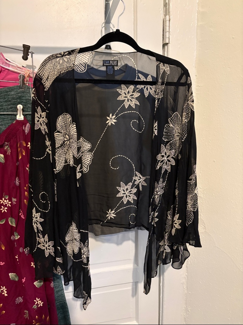 Eva Blue Black Sheer Floral Kimono Jacket